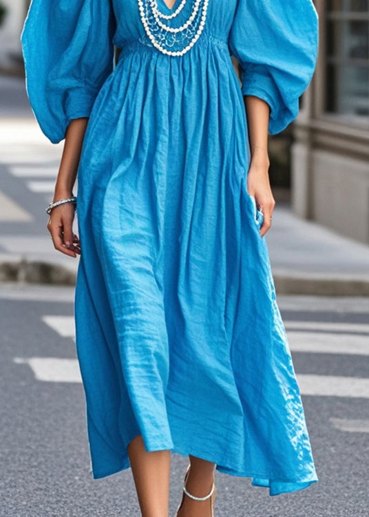 Blue Cotton Holiday Dress V Neck Puff Sleeve