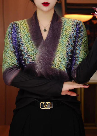 Unique Green V Neck Patchwork Warm Fleece Top Winter