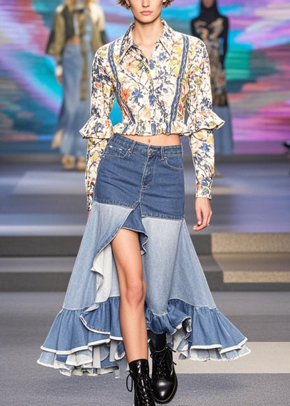 Blue Ruffles Patchwork Side Open Denim Skirts Spring