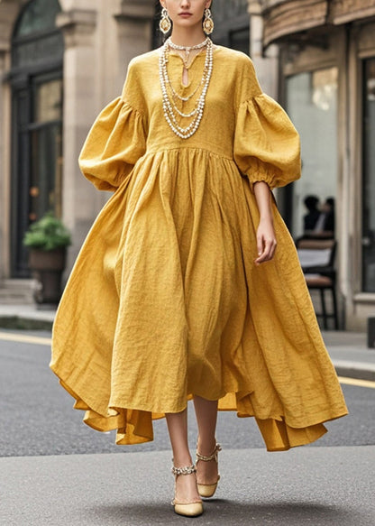 Yellow Exra Large Hem Cotton Maxi Dresses Lantern Sleeve