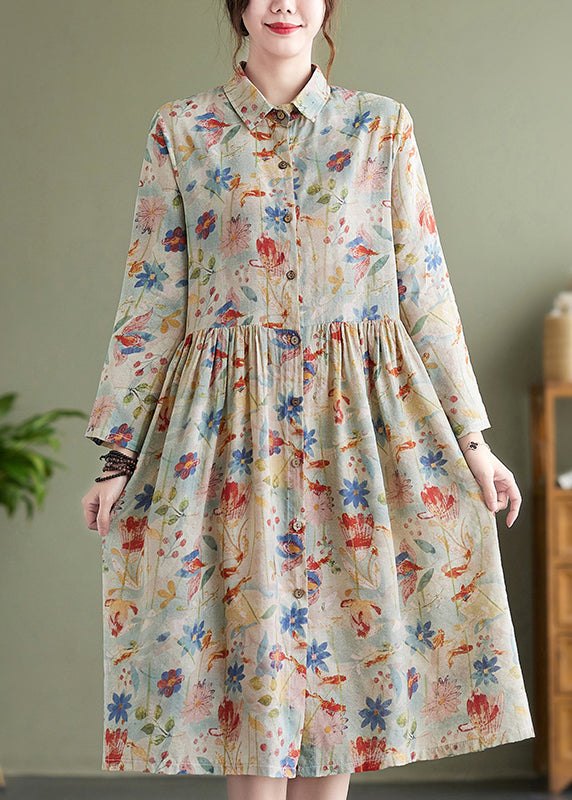 Peter Pan Collar Print Wrinkled Cotton Dress Fall