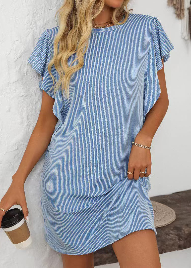 Blue O Neck Striped Cotton Mid Dress Summer