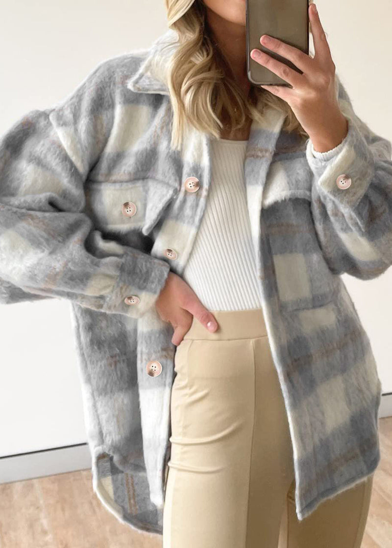 Pink Peter Pan Collar Pockets Plaid Woolen Coat Fall