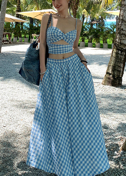 New Blue Plaid Suspended Tank Top High Waist Skirt Summer Set