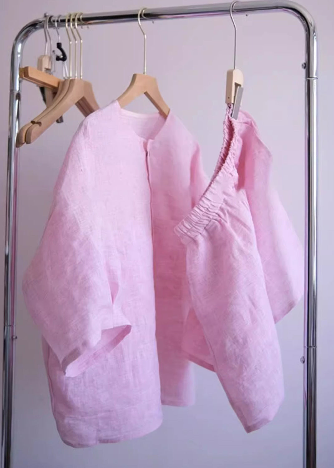 Pink O-neck Button Shirts and Shorts Two Pieces Set Summer