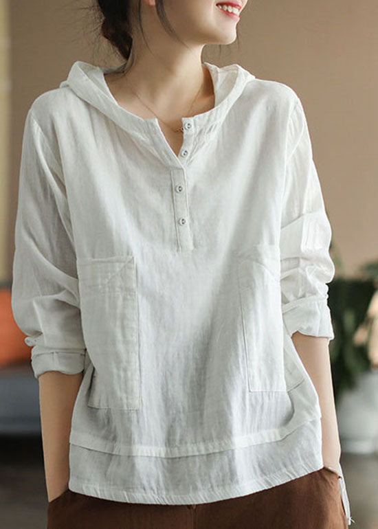 White Pocket Hooded Cotton Top Long Sleeve