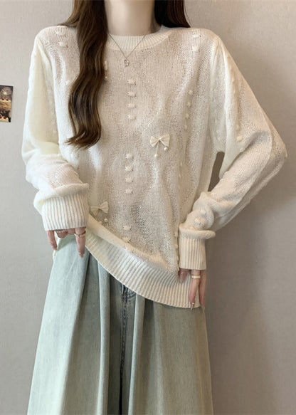 White Tasseled Butterfly Knit Tops Fall
