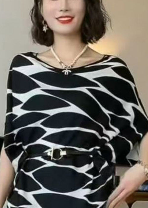 French Black Print Sashes Cotton Shirts Asymmetrical Batwing Sleeve