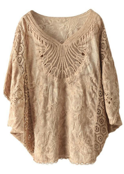 Khaki Cotton V Neck Embroidered Hollow Out Summer Blouses