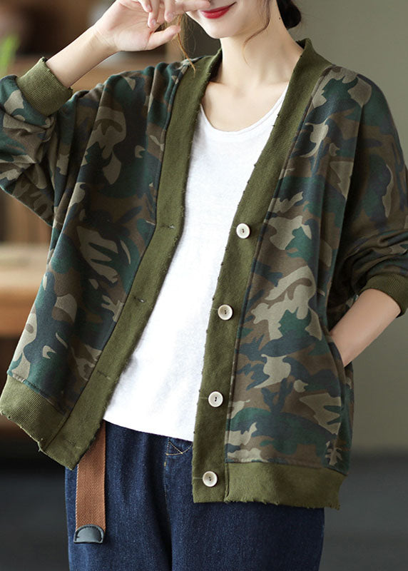 Yellow V Neck Pockets Button Print Fall Coats