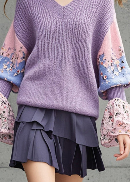 Lavender V Neck Patchwork Knit Shirts Flare Sleeve