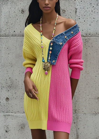 Rose Asymmetrical Patchwork Denim Knitted Dress Fall