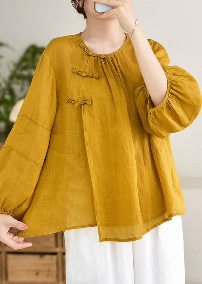 Blue O Neck Oriental Button Linen Shirt Top Lantern Sleeve