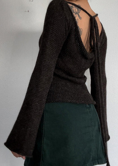 European and American Coffee Backless Lace Up Flared Sleeve Knit Top