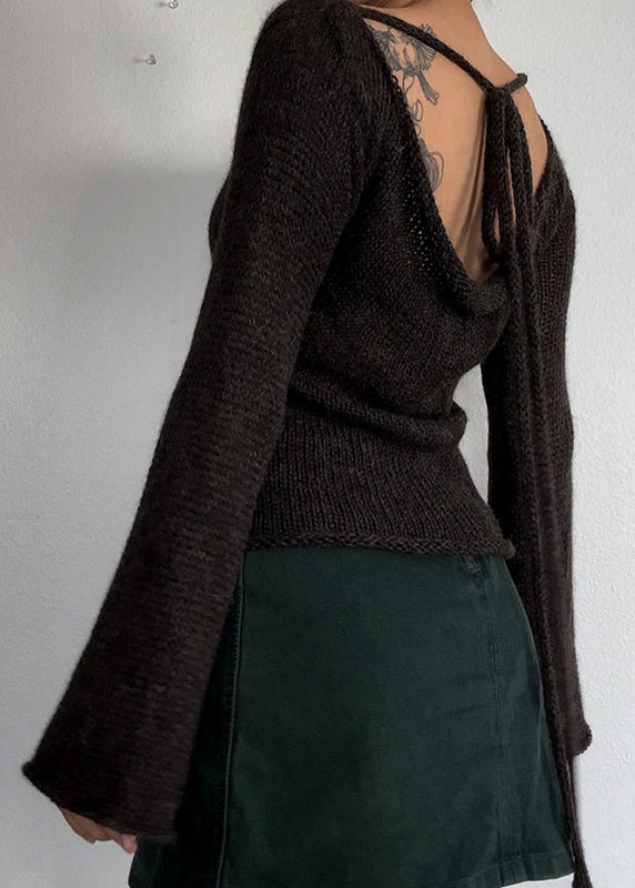 European and American Coffee Backless Lace Up Flared Sleeve Knit Top