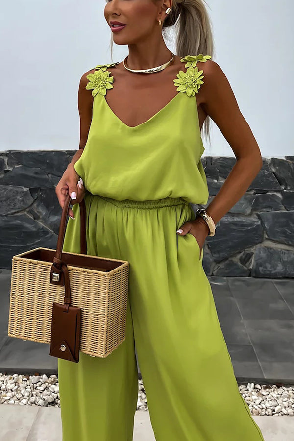 Color Embroidered Flower Suspenders Loose Jumpsuit