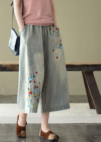 Comfy Grey Embroidered Wide Leg Denim Pants for