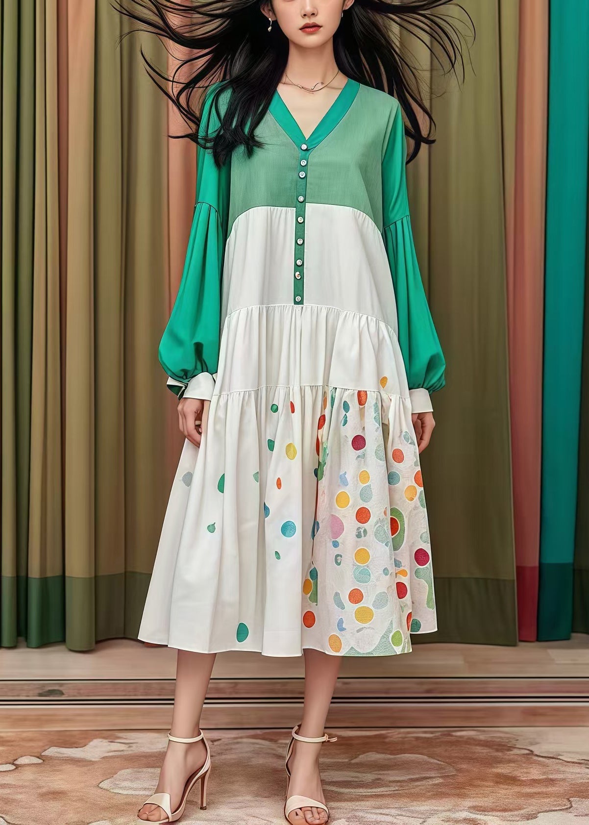 Colorblock Oversized Patchwork Cotton Holiday Dress Fall