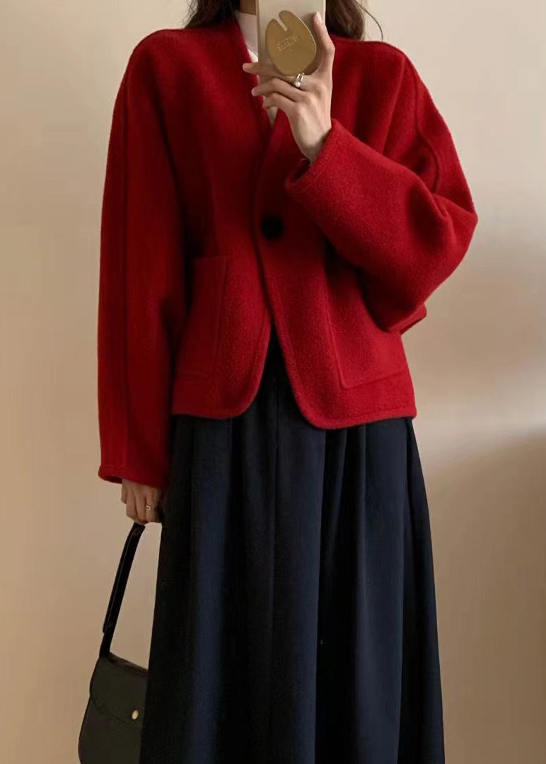 Coffee V Neck Pockets Woolen Short Coat Winter