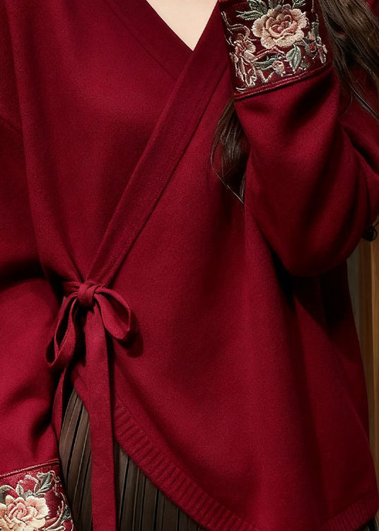 Red V Neck Lace Up Knit Sweater Fall