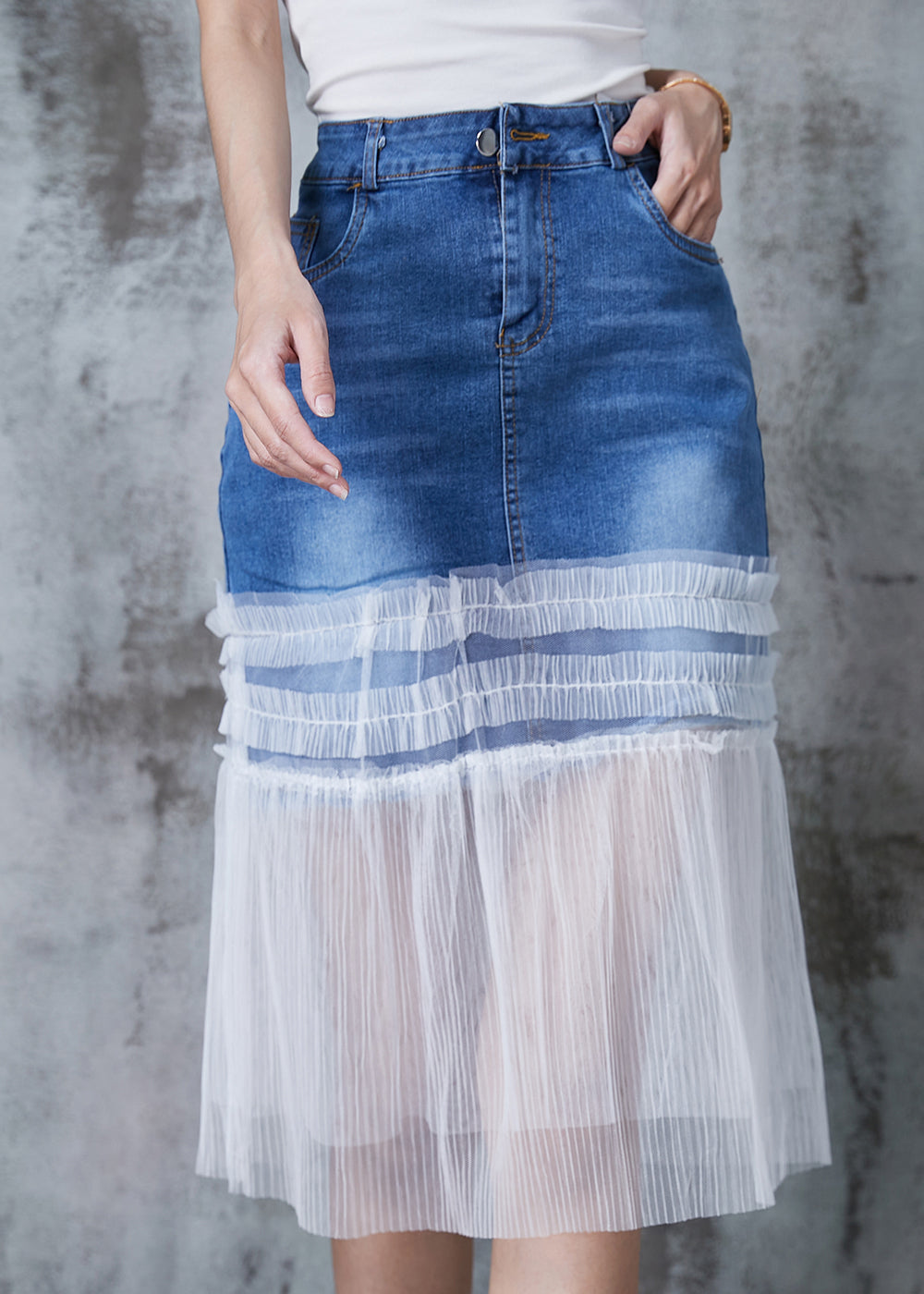 Denim Blue Ruffled Patchwork Tulle Skirt Summer