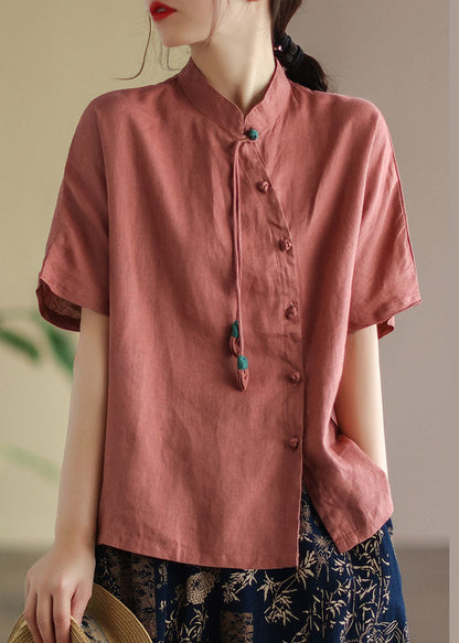 Green Stand Collar Tassel Asymmetrical Design Linen Shirts Short Sleeve