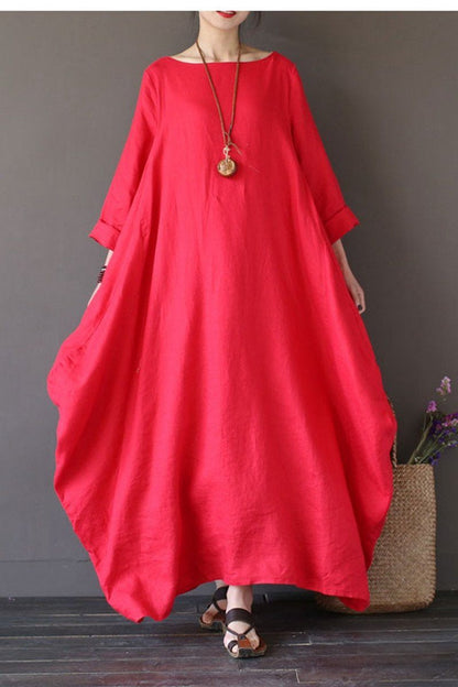 Red Bat Sleeve Causel Long Dress Oversize Outfits