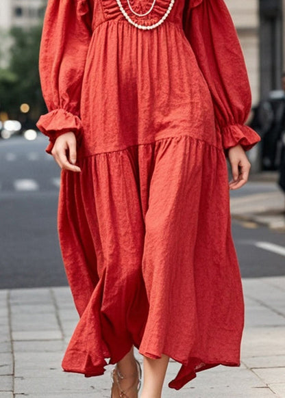 Red Oversized Ruffles Cotton Maxi Dresses Fall