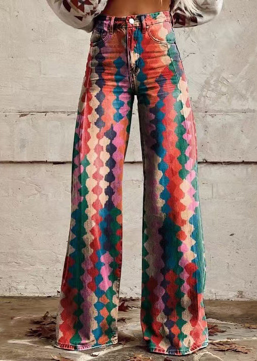 Rose Print Pockets High Waist Denim Pants Spring