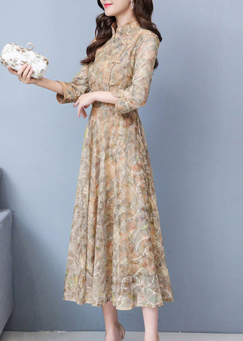 Khaki Print Exra Large Hem Lace Oriental Dresses Spring