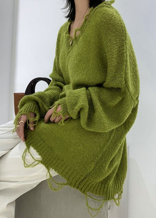 Green V Neck Ripped Ma Hai Mao Knit Sweaters Winter