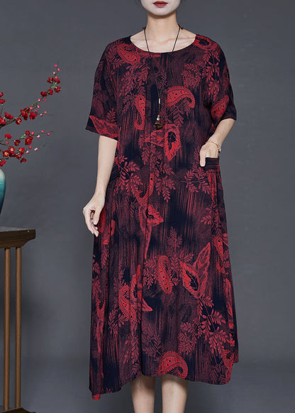 Classy Dull Red Print Pockets Cotton Long Dress Summer