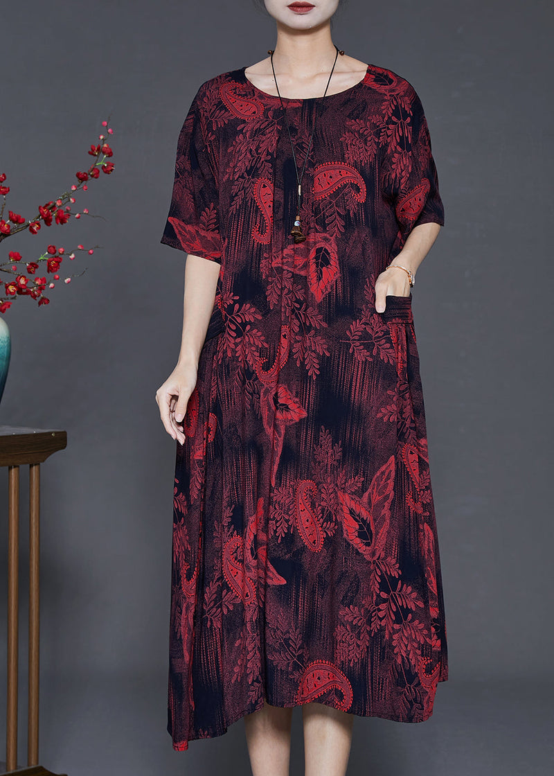 Classy Dull Red Print Pockets Cotton Long Dress Summer