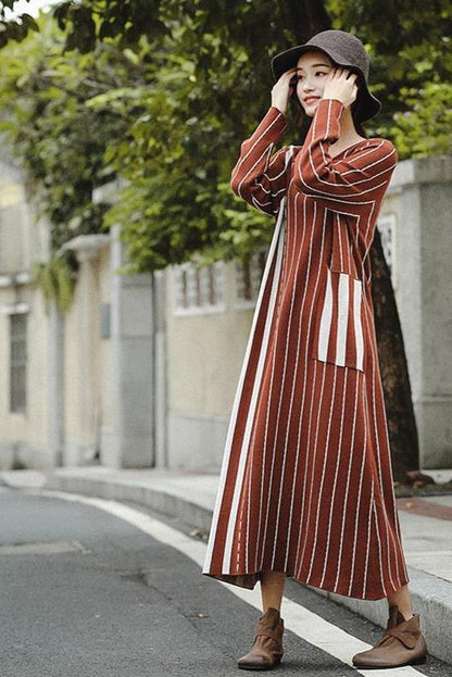 Brown Striped Maxi Sweater Dresses for
