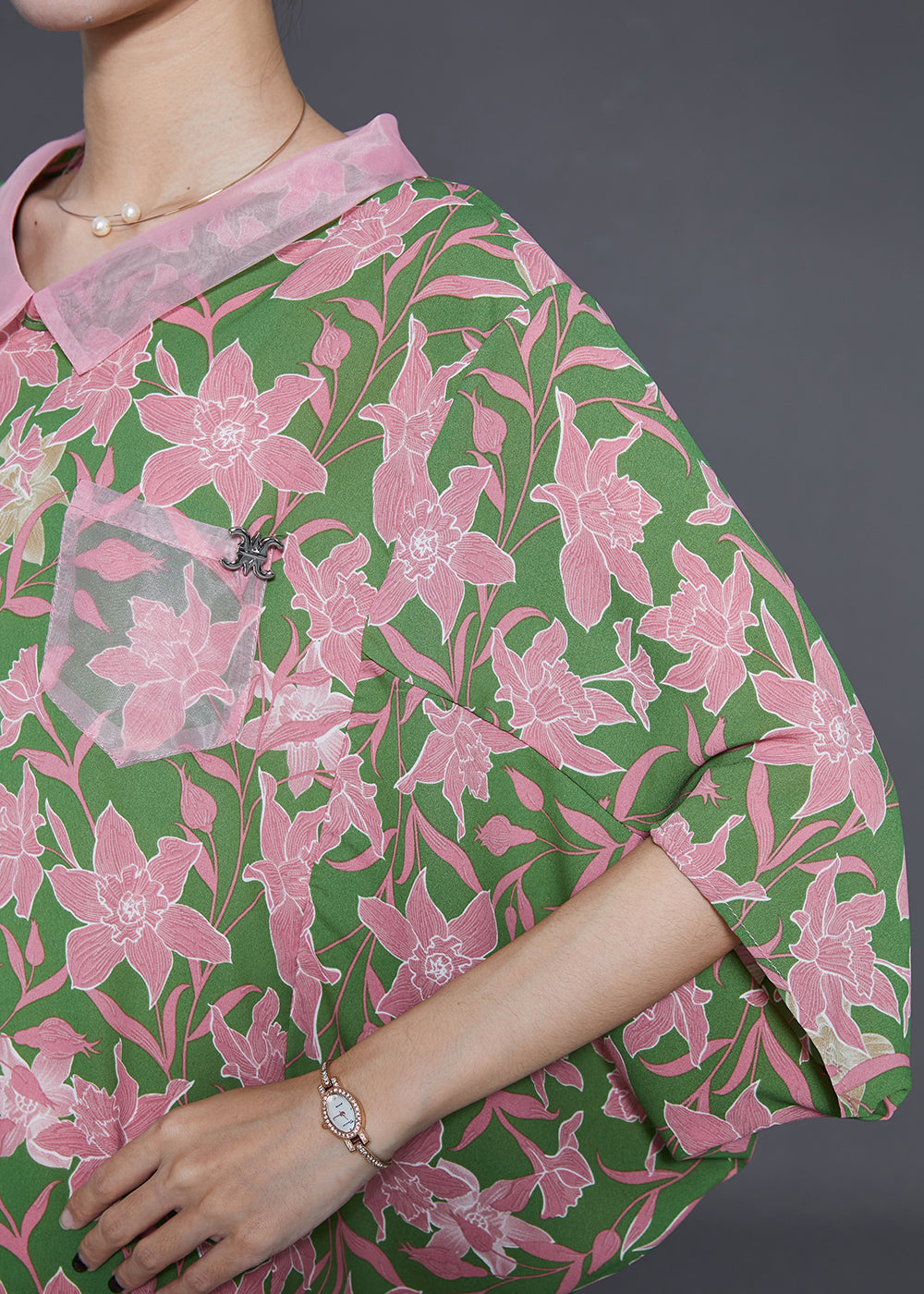 Green Oversized Print Chiffon Tops Batwing Sleeve