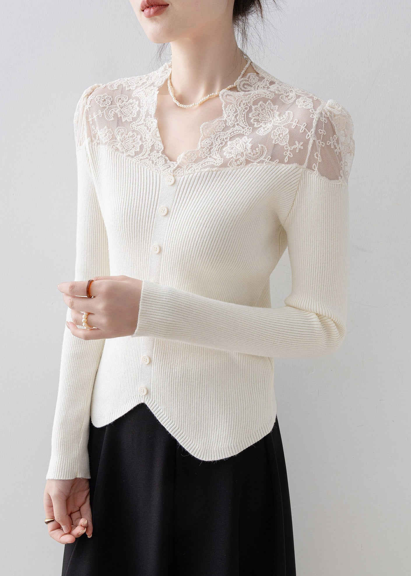 Apricot V Neck Lace Patchwork Knit Sweater Spring