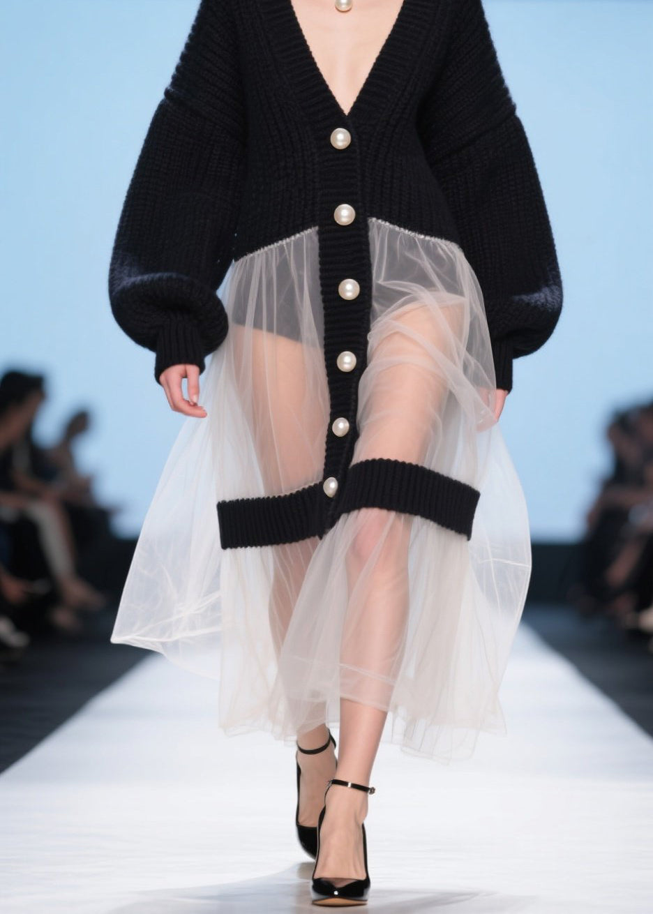 Black V Neck Tulle Patchwork Knit Loose Coat Fall
