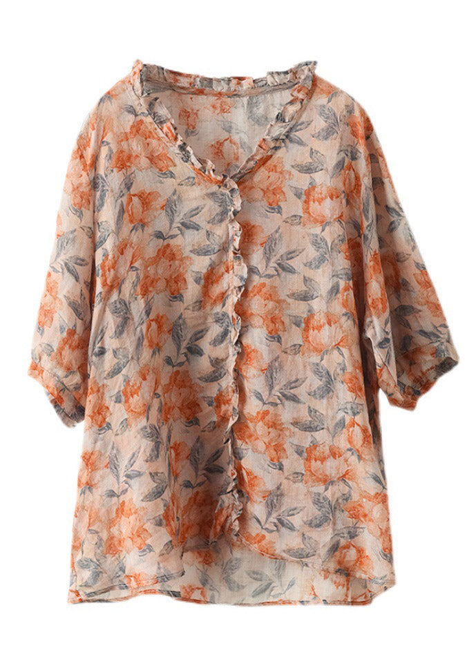 V Neck Print Ruffled Linen Tops Half Sleeve