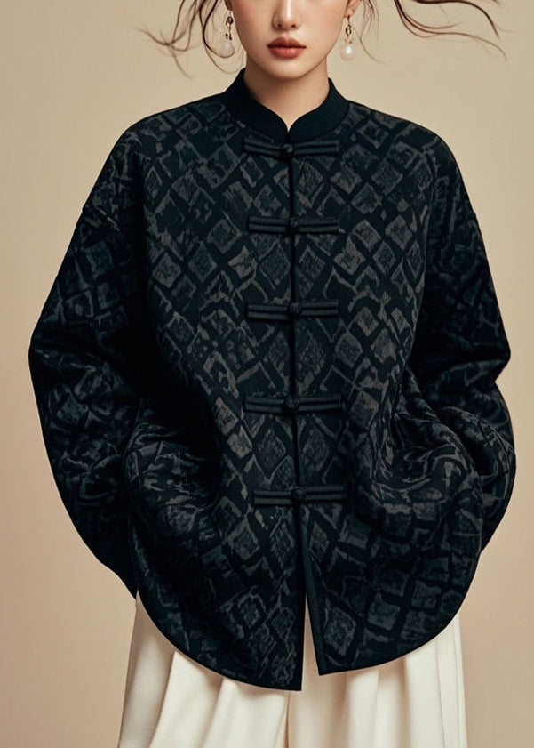 Black Stand Collar Cotton Coat Fall
