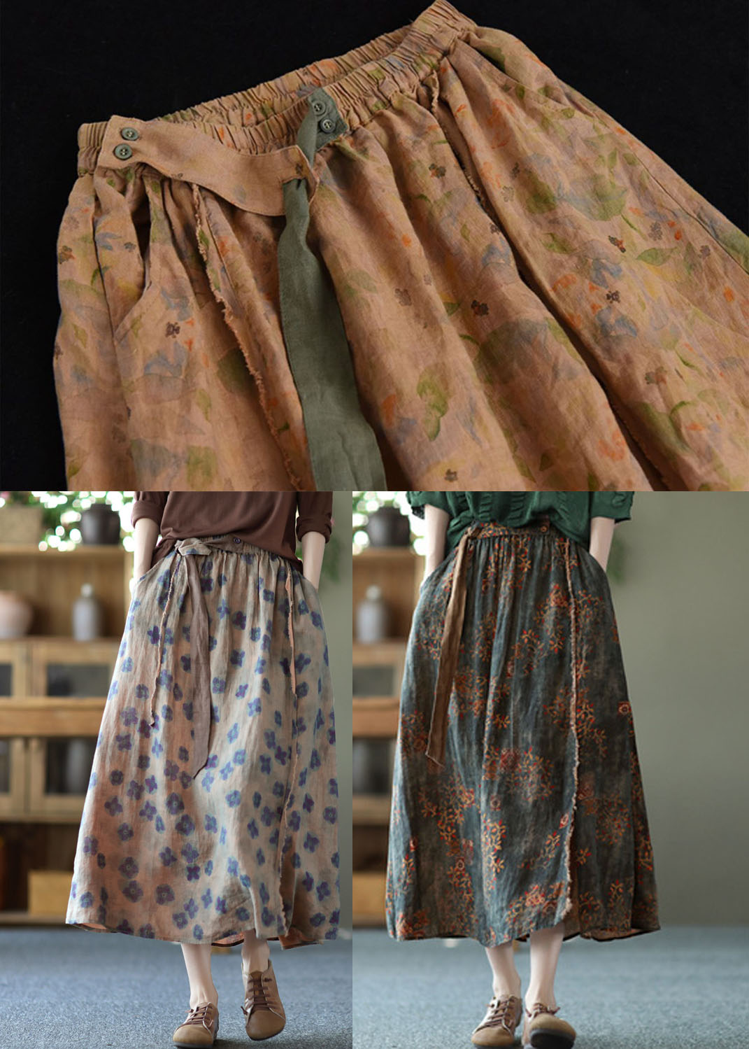 Yellow Pockets Print Linen a Line Skirts Summer