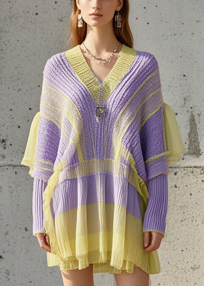 Purple Oversized Patchwork Tulle Knitted Dress Fall