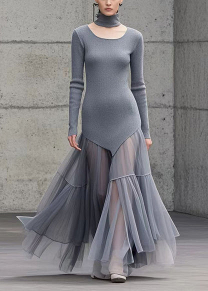 Diy Grey Silm Fit Patchwork Tulle Knit Dress Winter