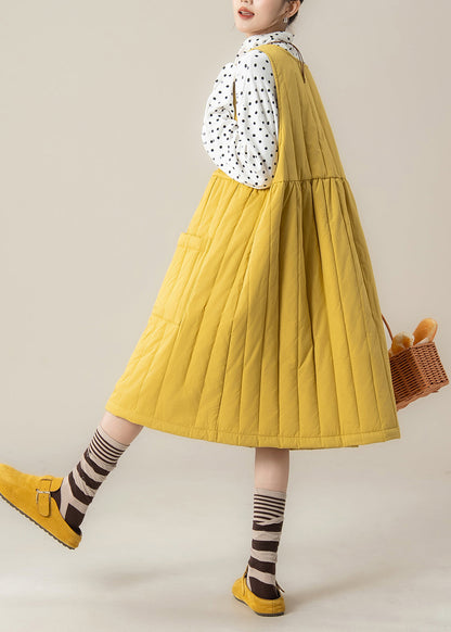 Stylish Yellow Oversized Pocket Fine Cotton Filled Dress Winter