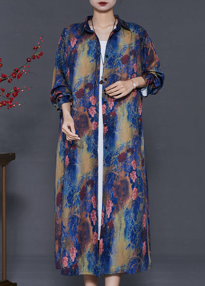 Blue Peter Pan Collar Tie Dye Silk Shirt Dress Summer
