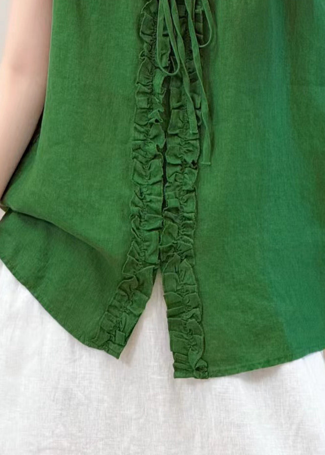 Green Ruffled Lace Up Linen Blouse Top Summer
