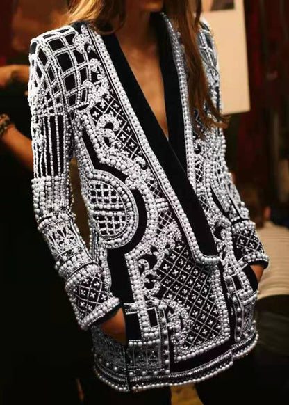 Style Yellow V Neck Print Nail Bead Patchwork Coat Fall