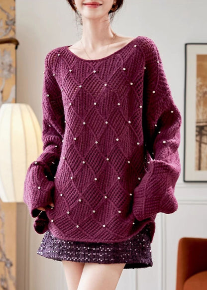 Purple O Neck Zircon Knit Sweaters Fall