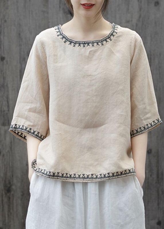 Yellow O Neck Embroideried Patchwork Cotton T Shirts Summer
