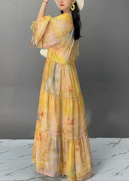 Yellow Lace Up Patchwork Cotton Maxi Dresses Fall