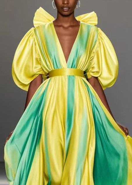 Original Design Yellow Tie Dye Silk Holiday Dress Puff Sleeve